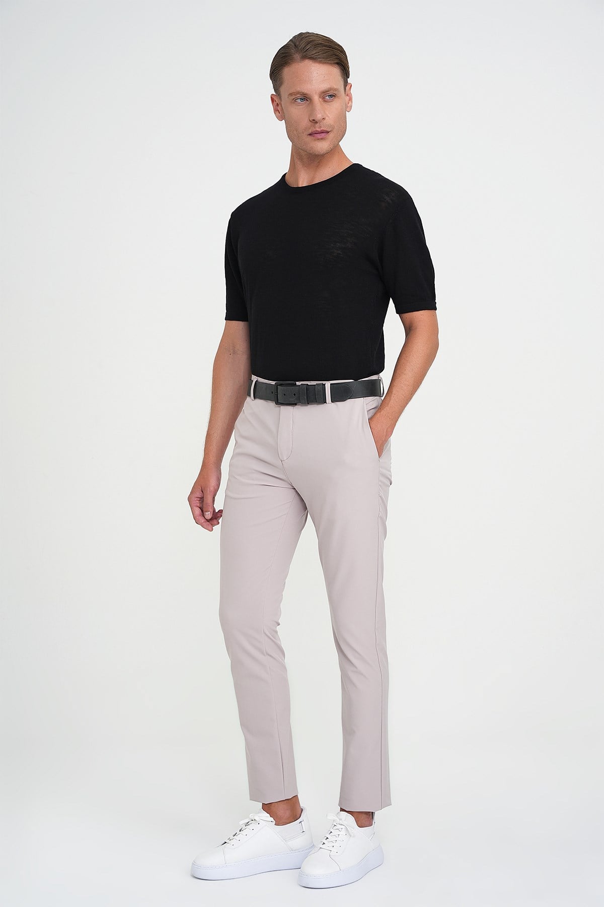 Slim Fit Yan Cepli Esnek Düz Koyu Vizon Pamuk Pantolon P 1197