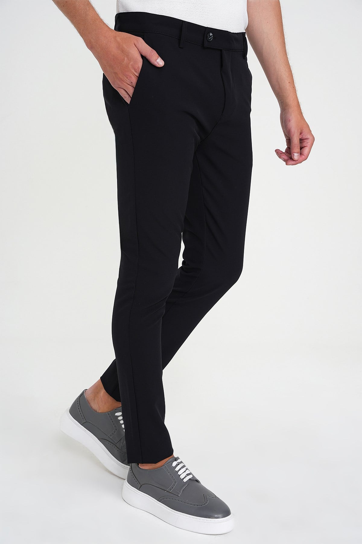 Slim Fit Yan Cepli Esnek Düz Siyah Pamuk Pantolon P 1197
