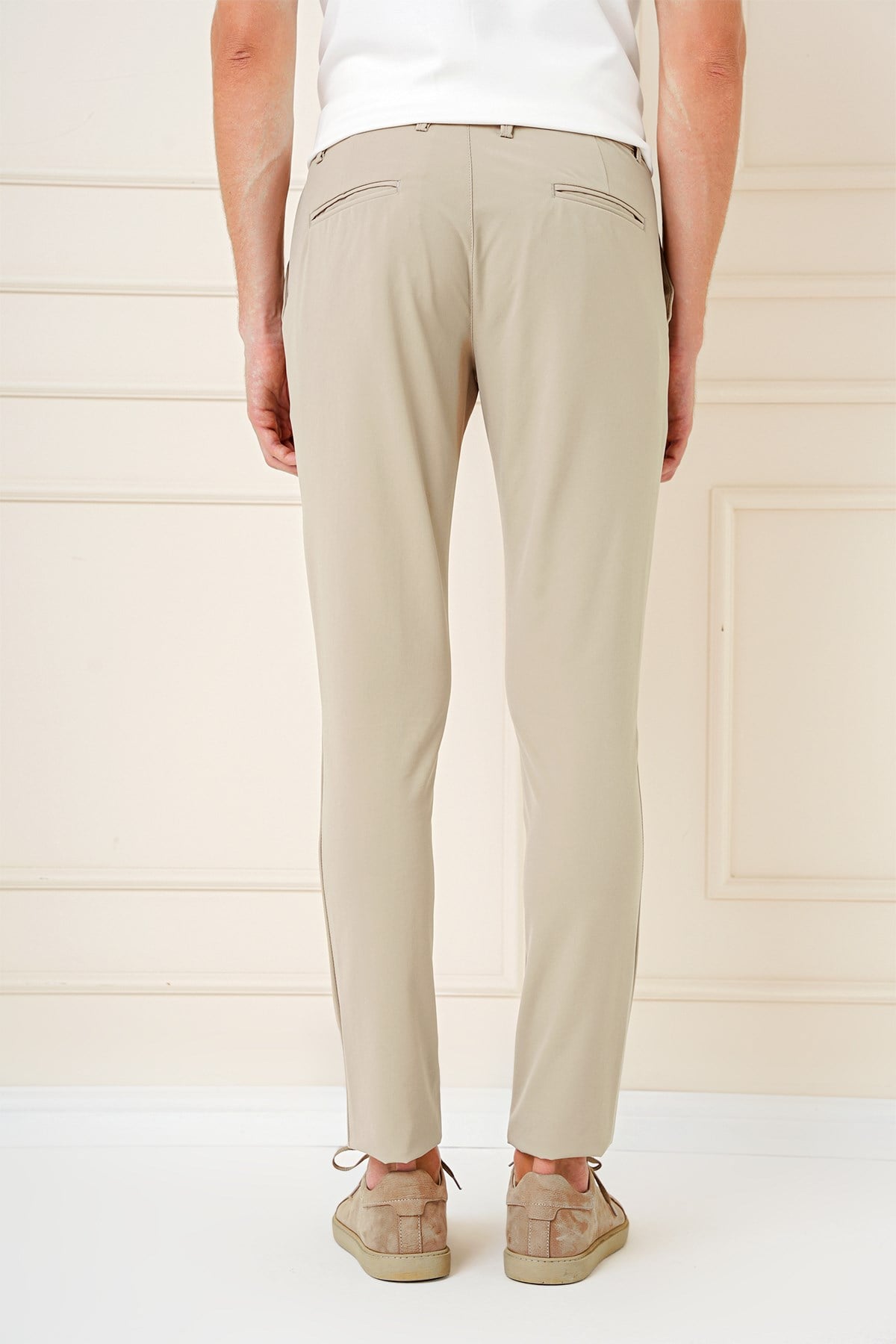 Slim Fit Yan Cepli Esnek Pamuk Bej Pantolon P 1161
