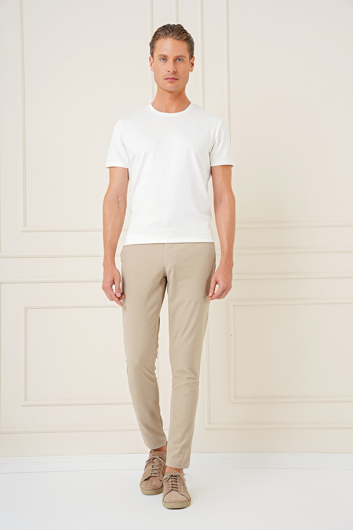 Slim Fit Yan Cepli Esnek Pamuk Bej Pantolon P 1161