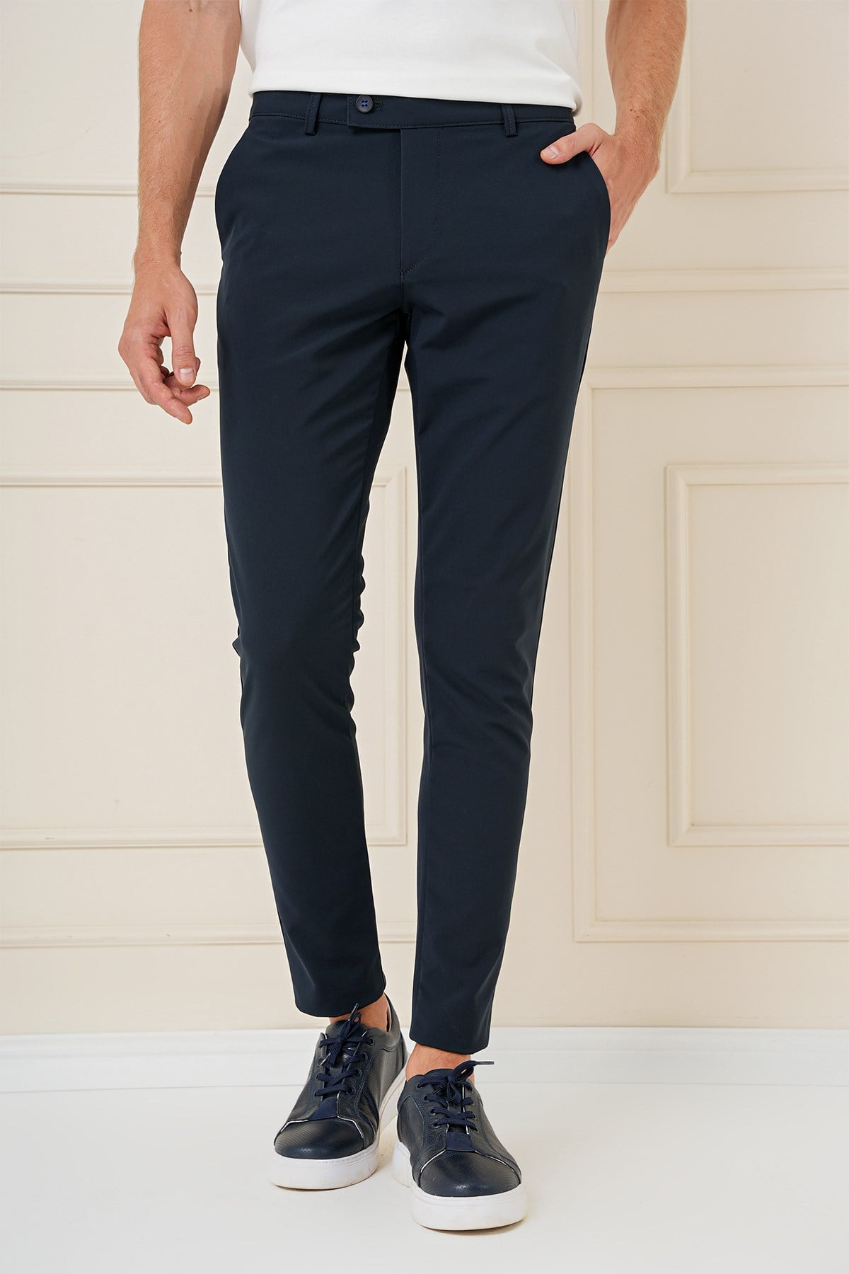 Slim Fit Yan Cepli Esnek Pamuk Lacivert Pantolon P 1161