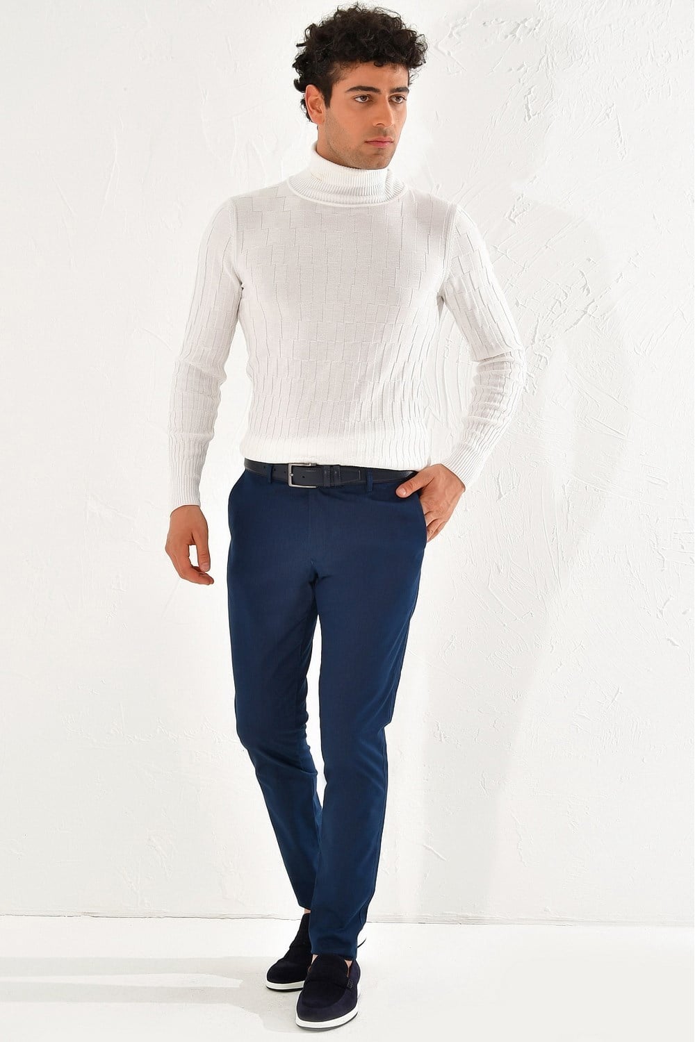 Slim Fit Yan Cepli Esnek Pamuk Tencel İndigo Chino Pantolon P 1070
