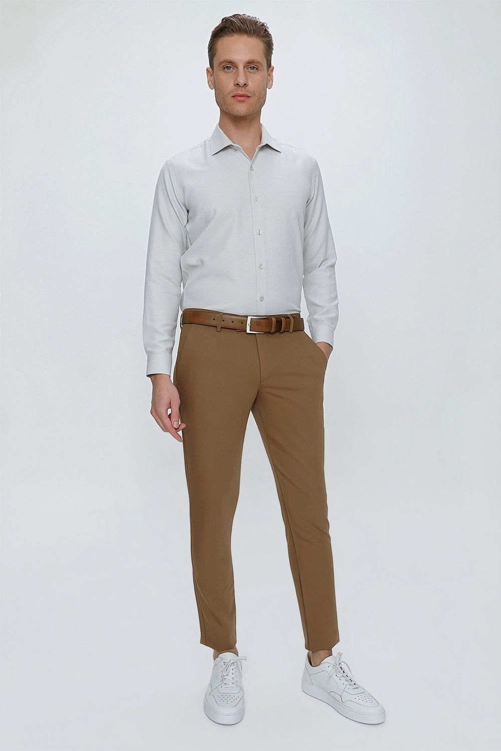 Slim Fit Yan Cepli Esnek Pamuklu Camel Chino Pantolon P 1077