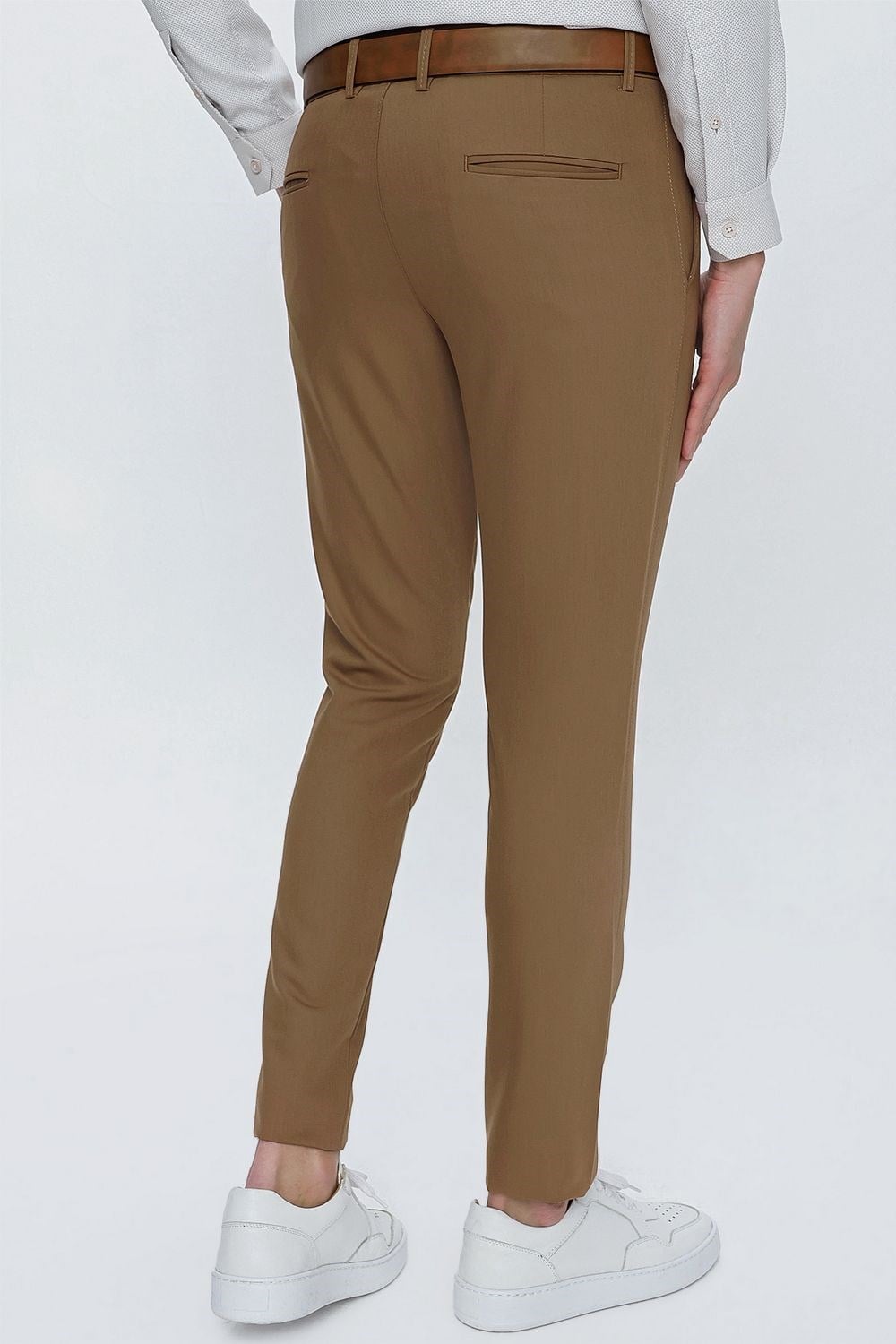 Slim Fit Yan Cepli Esnek Pamuklu Camel Chino Pantolon P 1077