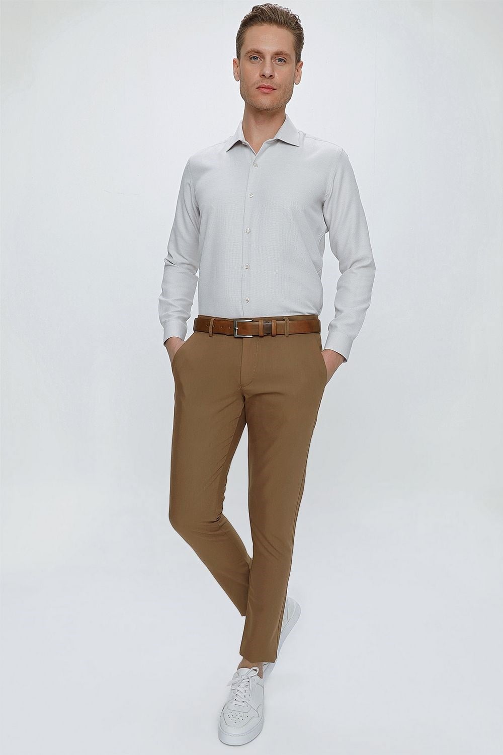 Slim Fit Yan Cepli Esnek Pamuklu Camel Chino Pantolon P 1077