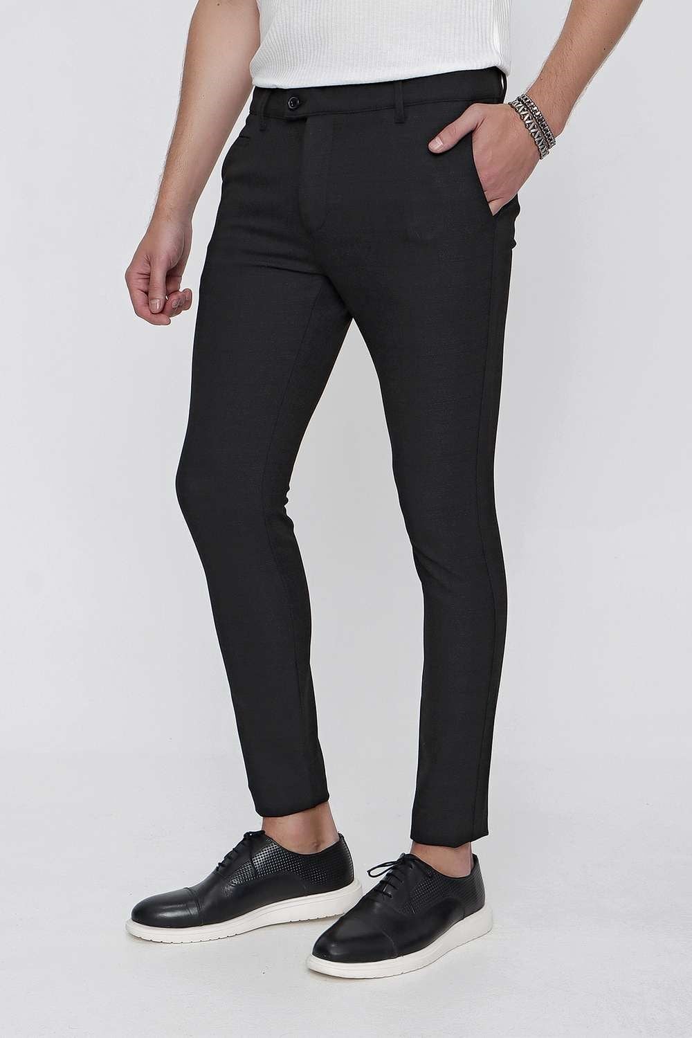 Slim Fit Yan Cepli Esnek Pamuklu Dokulu Siyah Kumaş Pantolon P 1096