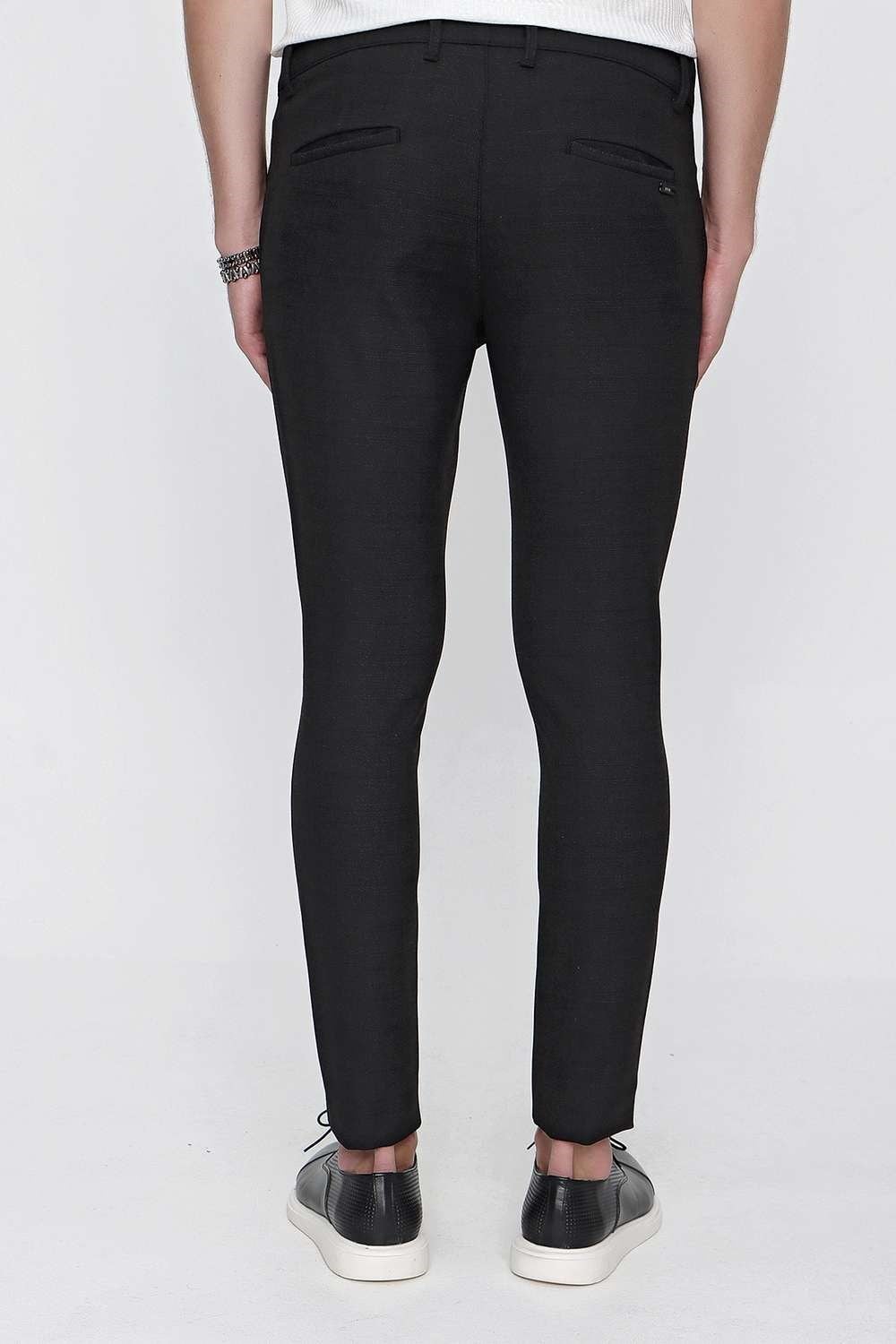 Slim Fit Yan Cepli Esnek Pamuklu Dokulu Siyah Kumaş Pantolon P 1096