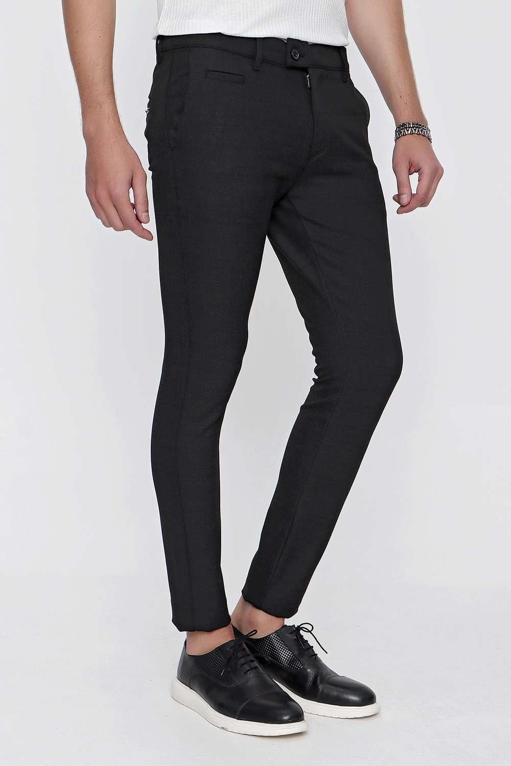Slim Fit Yan Cepli Esnek Pamuklu Dokulu Siyah Kumaş Pantolon P 1096