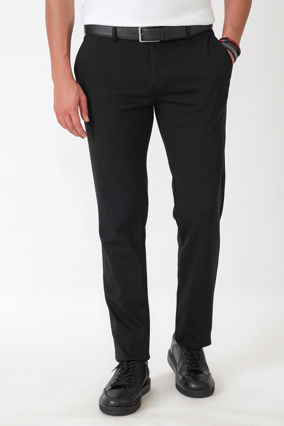 Slim Fit Yan Cepli Esnek Tencel Karışımlı Siyah Pantolon P 1233