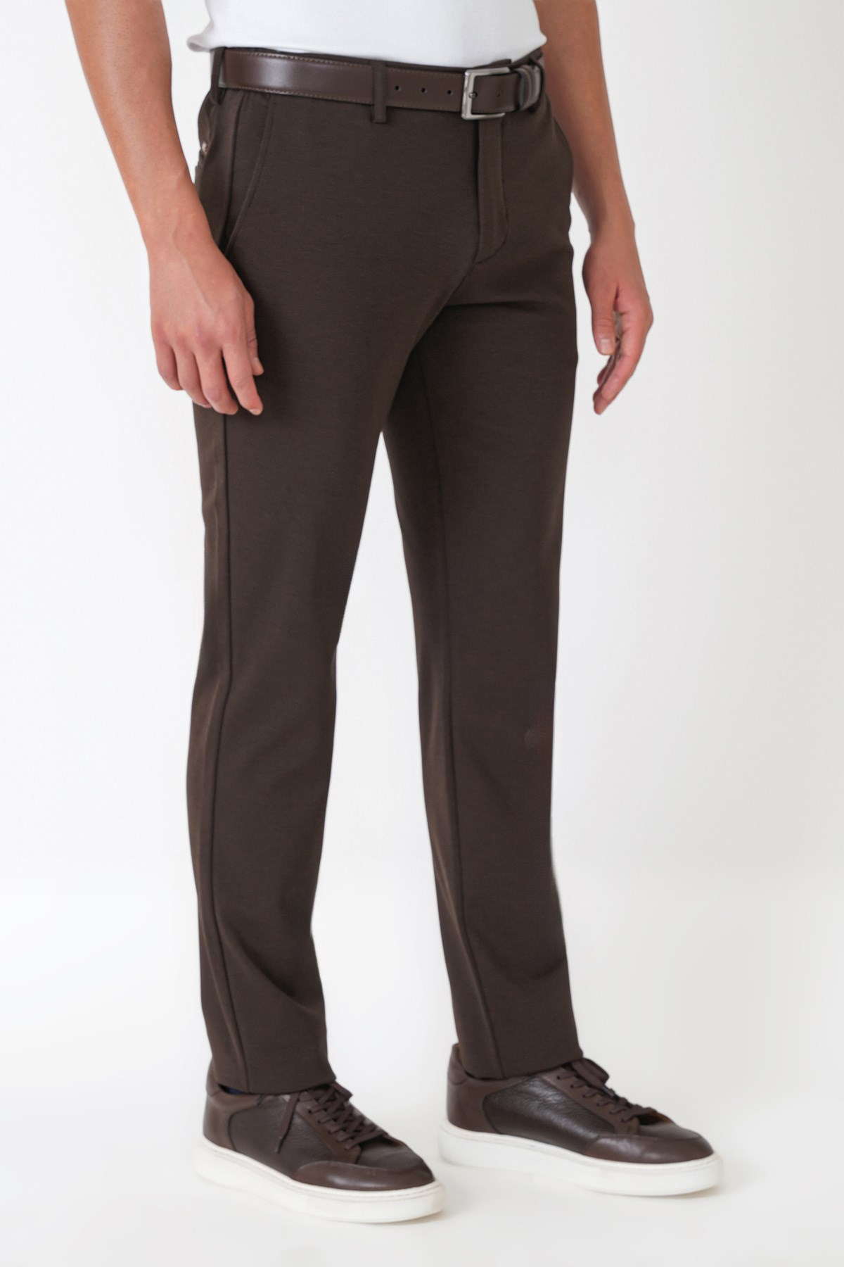 Slim Fit Yan Cepli Esnek Tencel Karışımlı Kahverengi Pantolon P 1233
