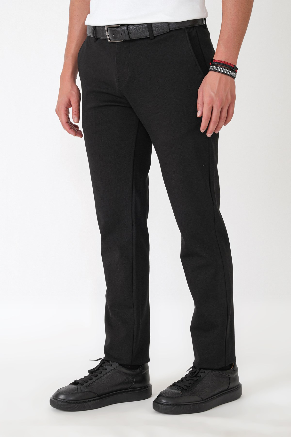 Slim Fit Yan Cepli Esnek Tencel Karışımlı Siyah Pantolon P 1233