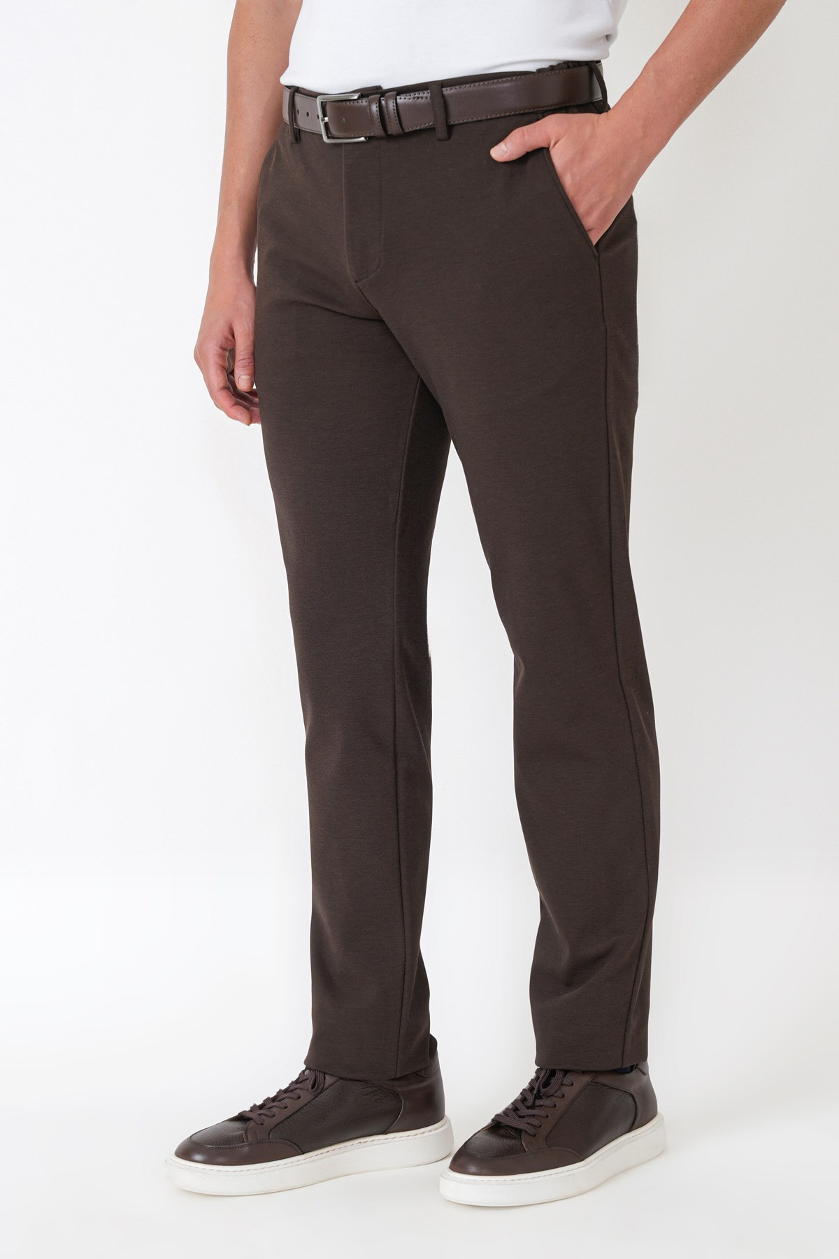 Slim Fit Yan Cepli Esnek Tencel Karışımlı Kahverengi Pantolon P 1233