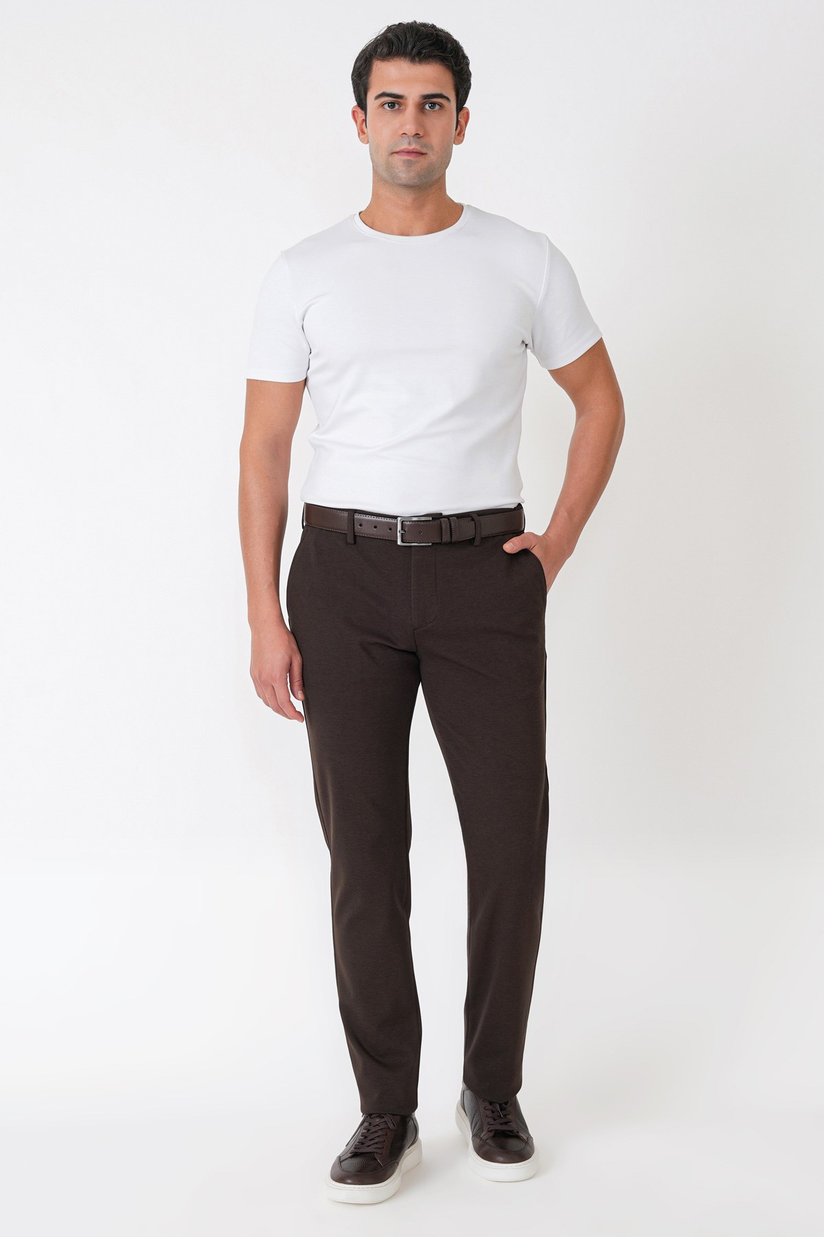 Slim Fit Yan Cepli Esnek Tencel Karışımlı Kahverengi Pantolon P 1233