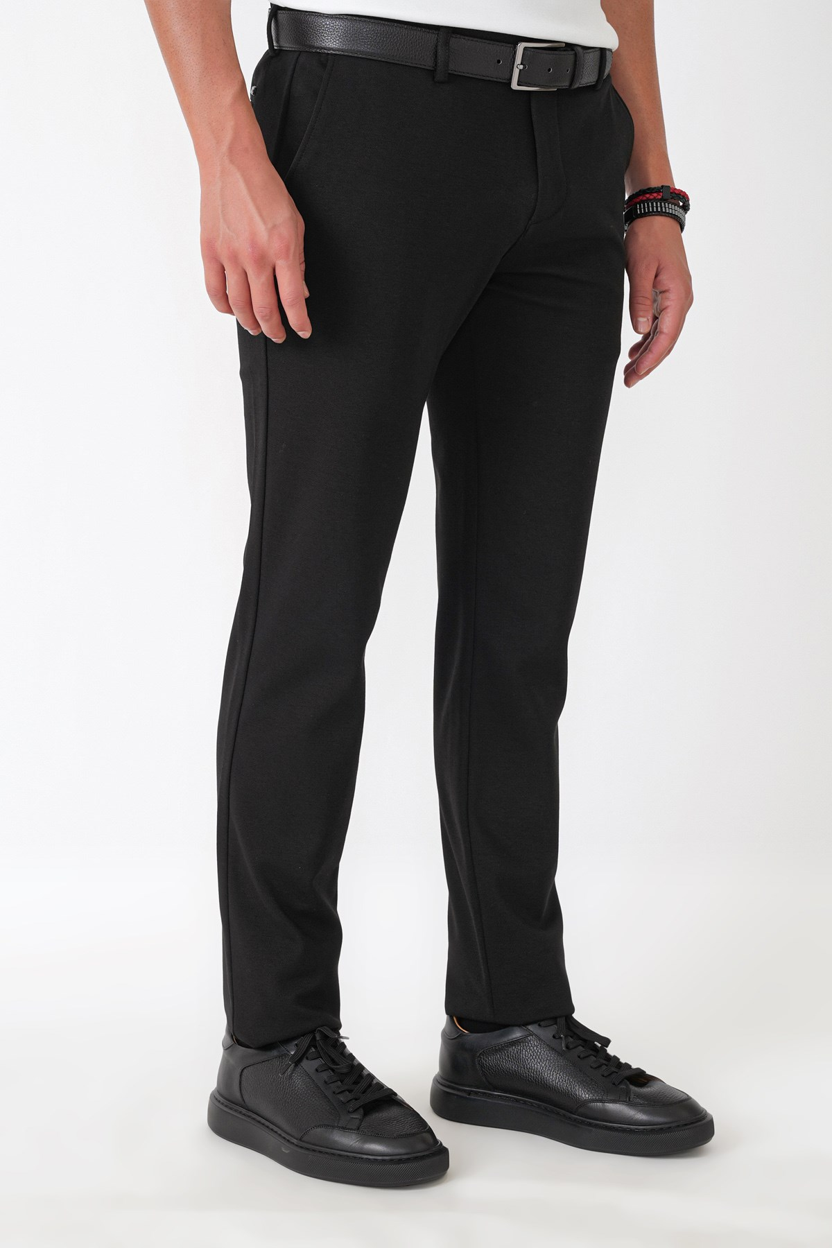 Slim Fit Yan Cepli Esnek Tencel Karışımlı Siyah Pantolon P 1233