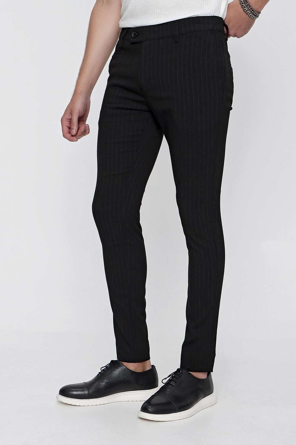 Slim Fit Yan Cepli Esnek Yünlü Çizgili Siyah Kumaş Pantolon P 1096