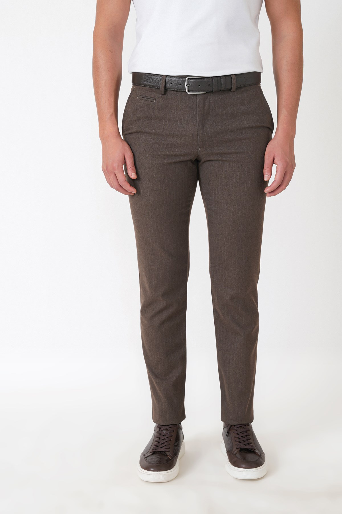 Slim Fit Yan Cepli Esnek Yünlü Kahverengi Çizgili Pantolon P 1236