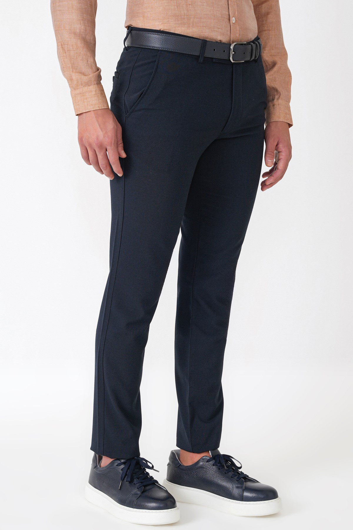Slim Fit Yan Cepli Esnek Yünlü Lacivert Pantolon P 1239