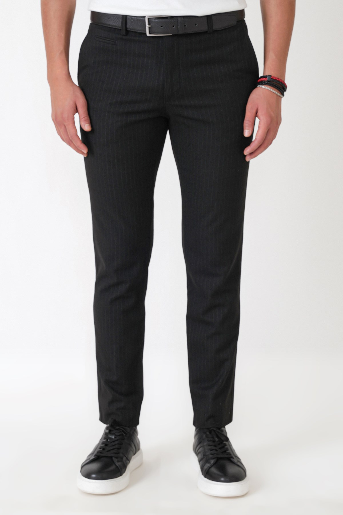 Slim Fit Yan Cepli Esnek Yünlü Siyah Çizgili Pantolon P 1236