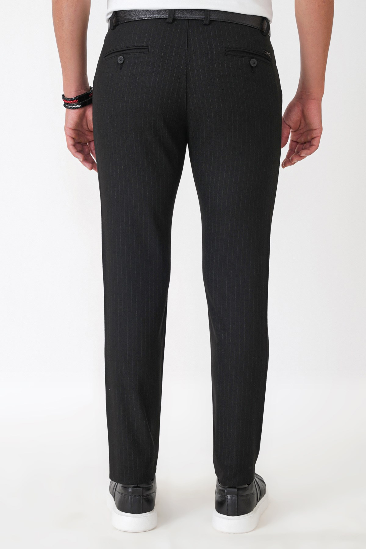 Slim Fit Yan Cepli Esnek Yünlü Siyah Çizgili Pantolon P 1236