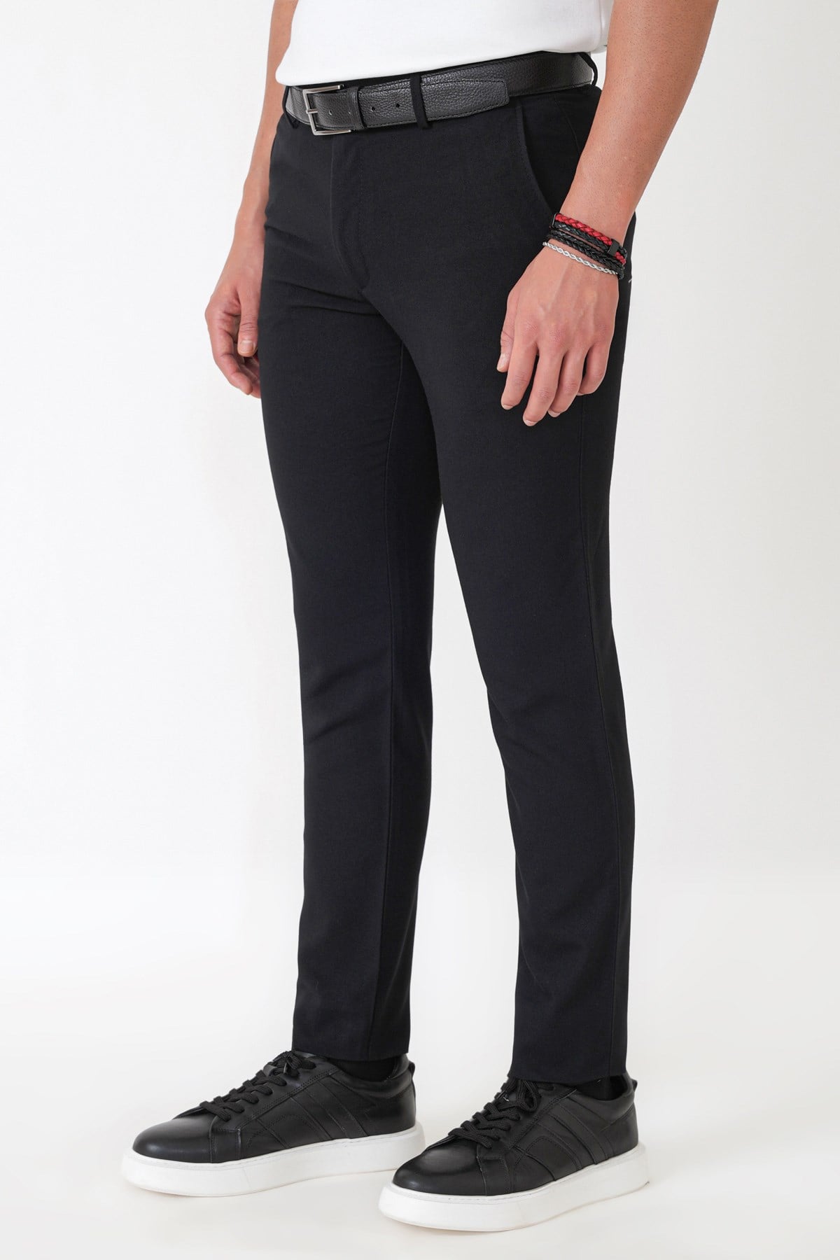 Slim Fit Yan Cepli Esnek Yünlü Siyah Pantolon P 1239