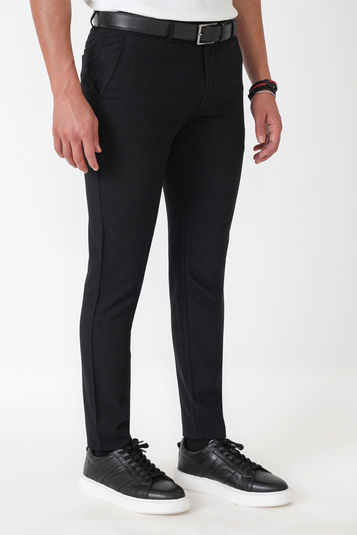 Slim Fit Yan Cepli Esnek Yünlü Siyah Pantolon P 1239