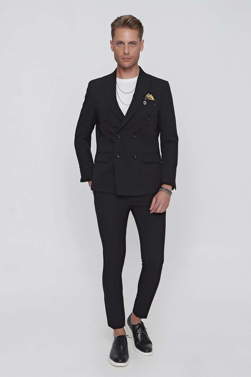 Slim Fit Yan Cepli Esnek Yünlü Siyah Pantolon P 1099