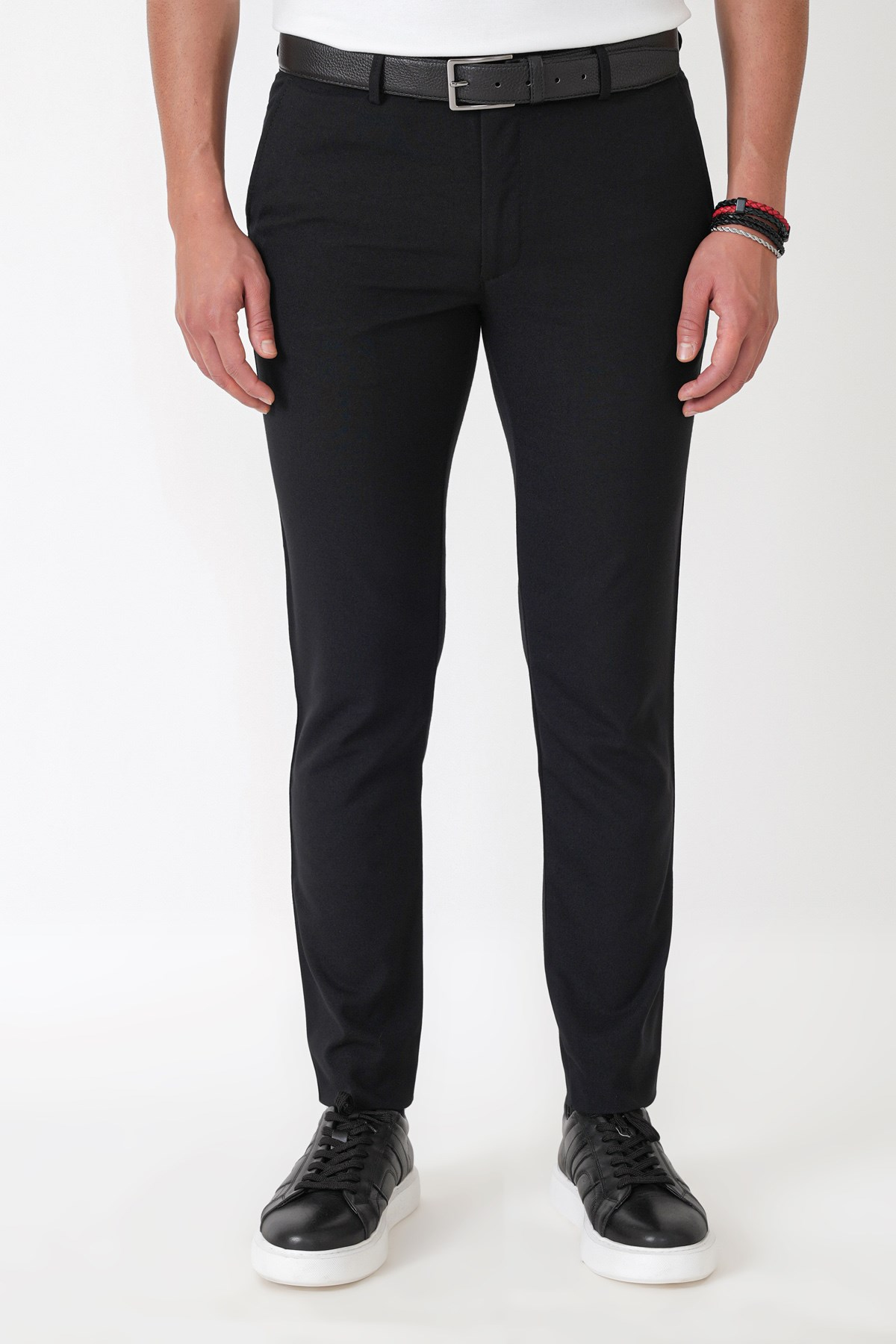 Slim Fit Yan Cepli Esnek Yünlü Siyah Pantolon P 1239