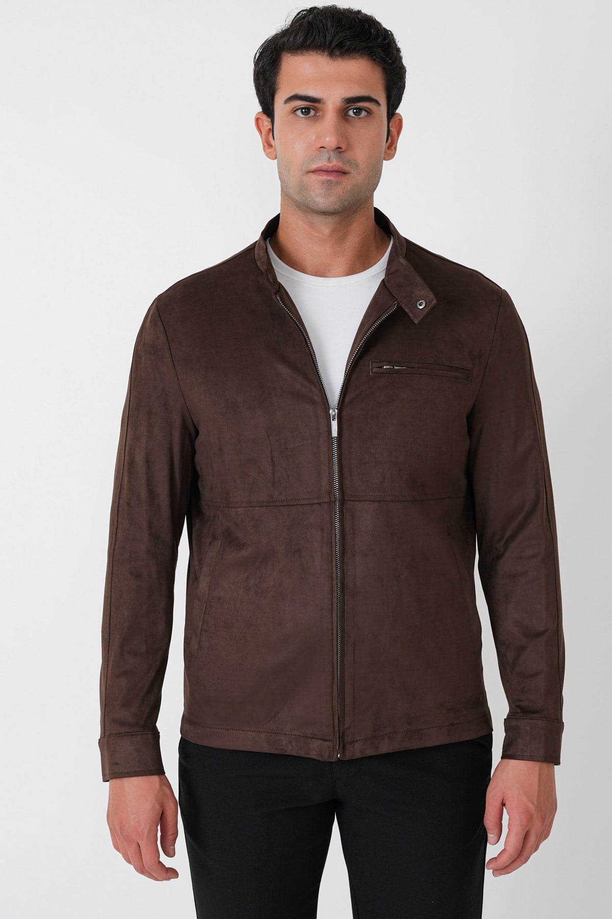Slim Fit Yan Cepli Hakim Yaka Kahverengi Süet Mont MT 187
