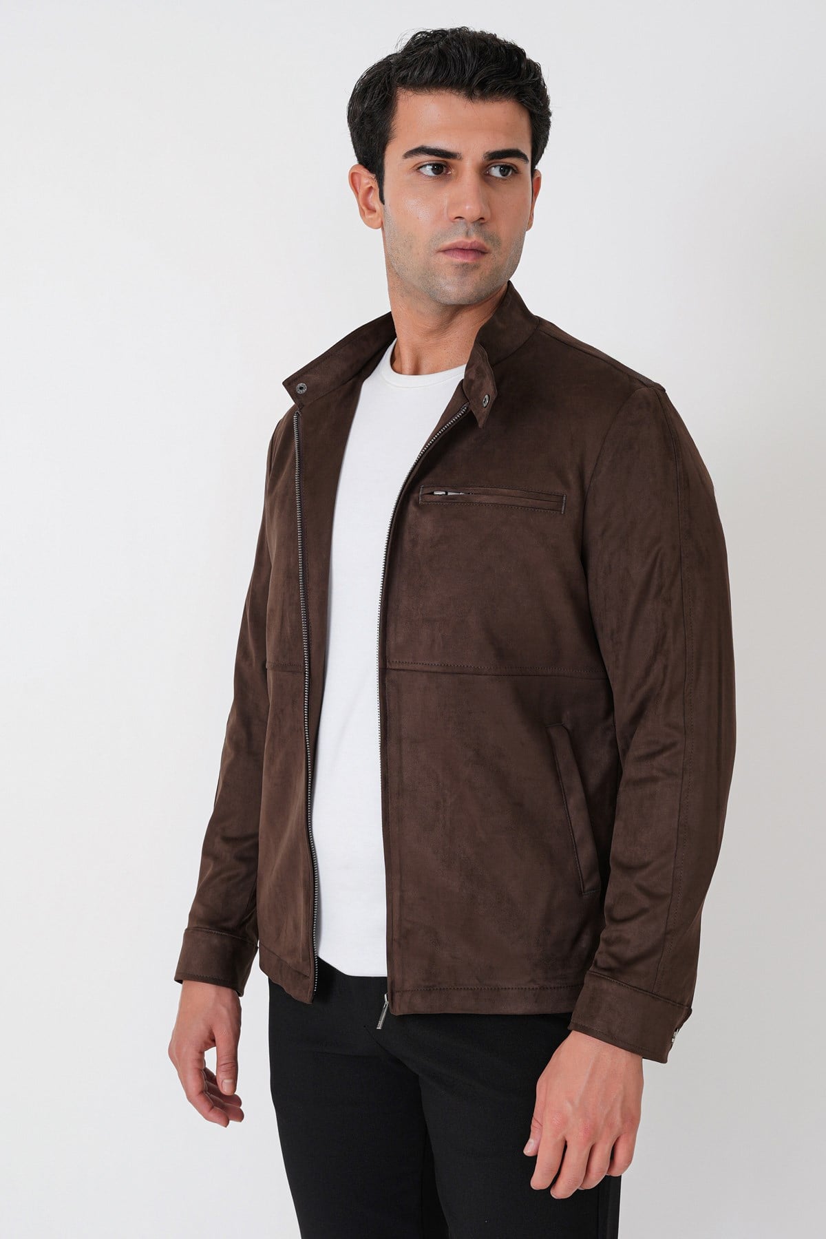 Slim Fit Yan Cepli Hakim Yaka Kahverengi Süet Mont MT 187