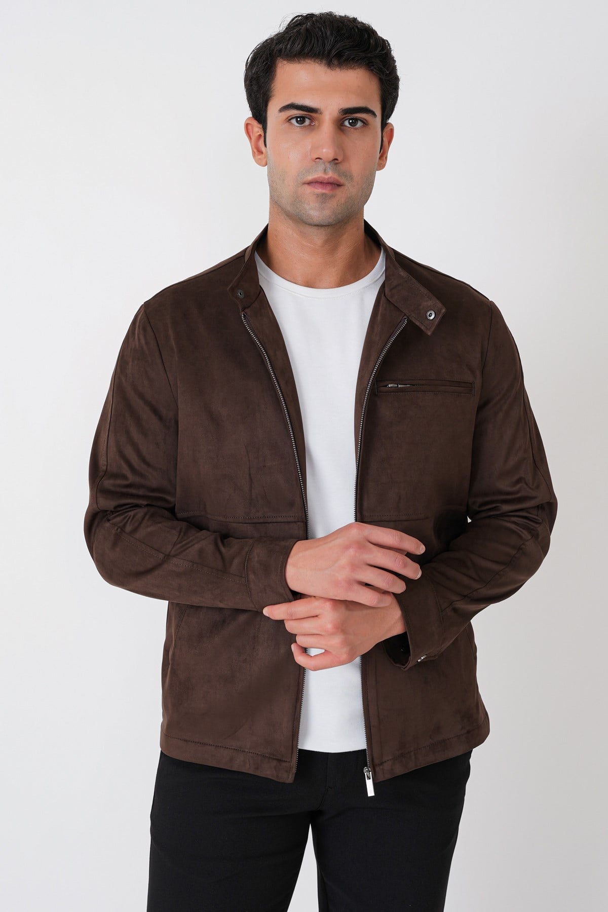 Slim Fit Yan Cepli Hakim Yaka Kahverengi Süet Mont MT 187