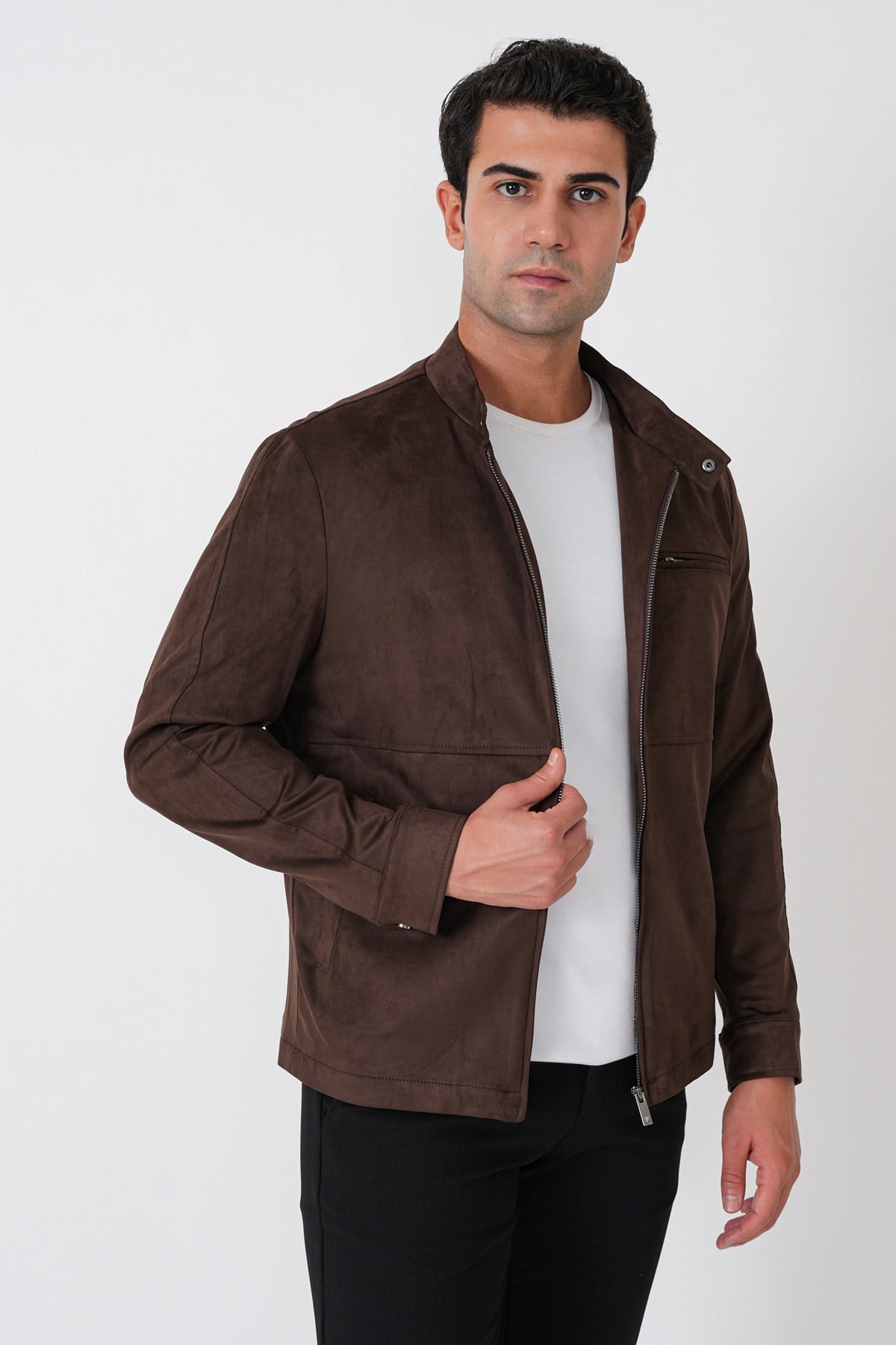 Slim Fit Yan Cepli Hakim Yaka Kahverengi Süet Mont MT 187
