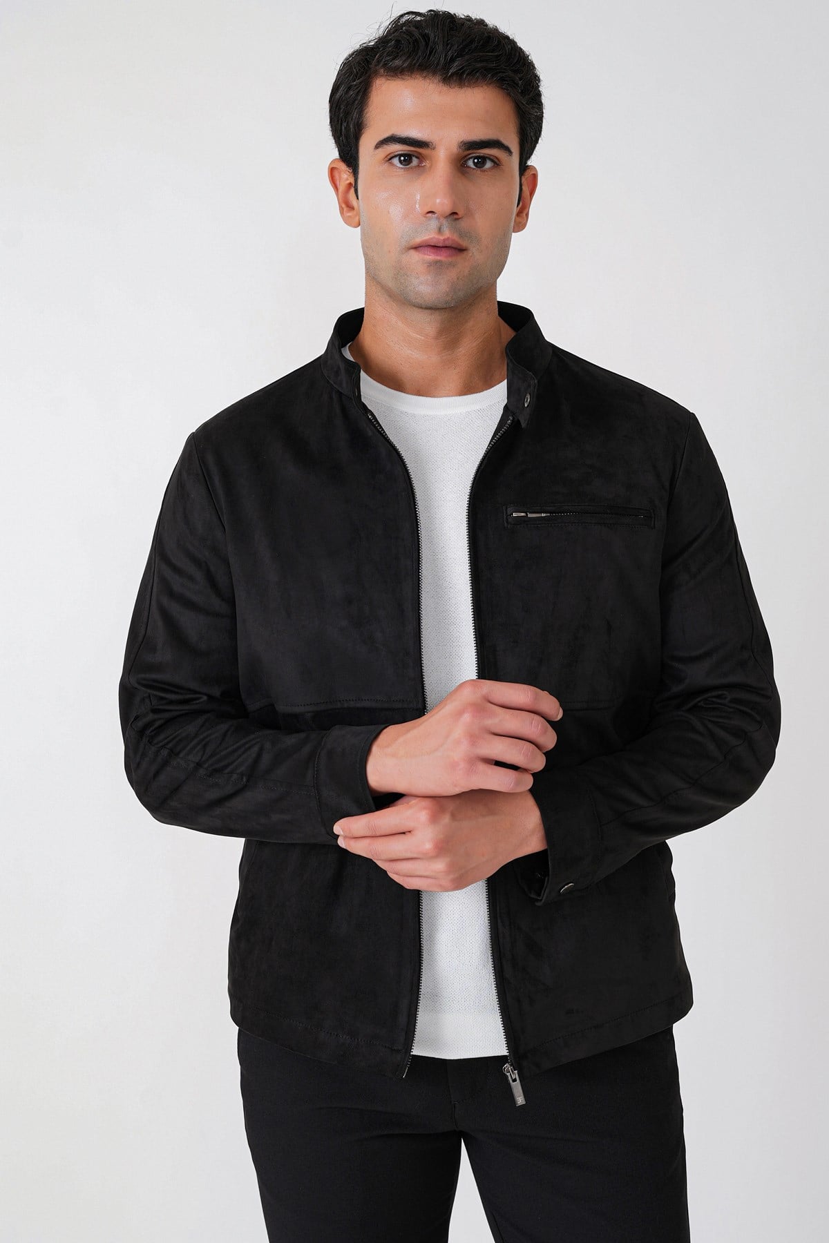 Slim Fit Yan Cepli Hakim Yaka Siyah Süet Mont MT 187