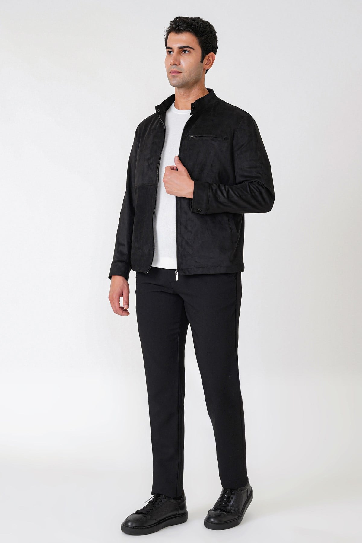 Slim Fit Yan Cepli Hakim Yaka Siyah Süet Mont MT 187