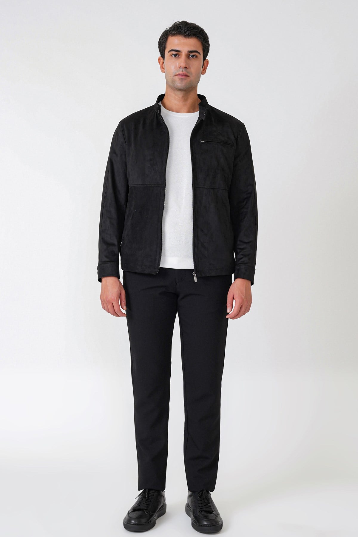 Slim Fit Yan Cepli Hakim Yaka Siyah Süet Mont MT 187