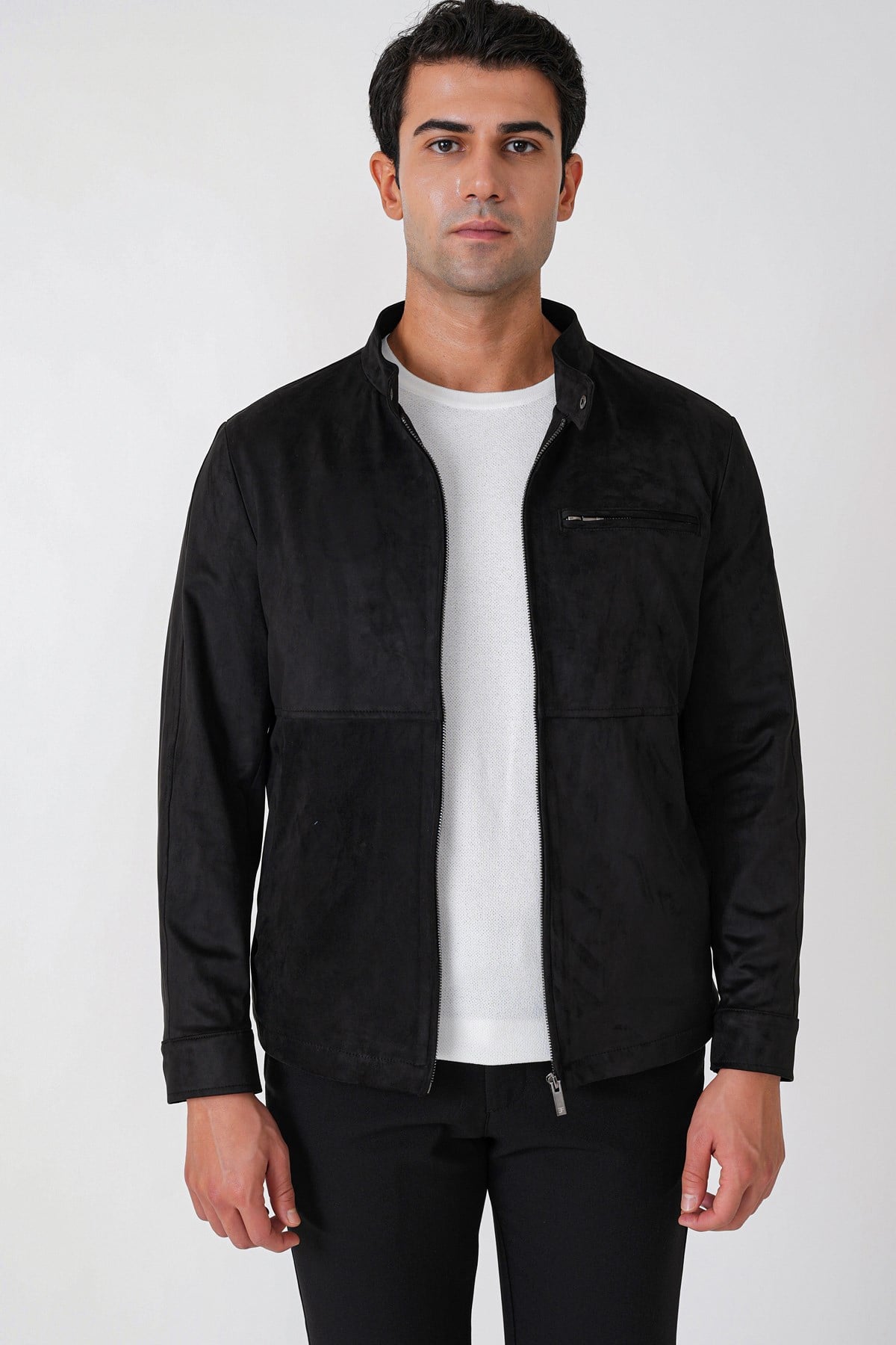 Slim Fit Yan Cepli Hakim Yaka Siyah Süet Mont MT 187
