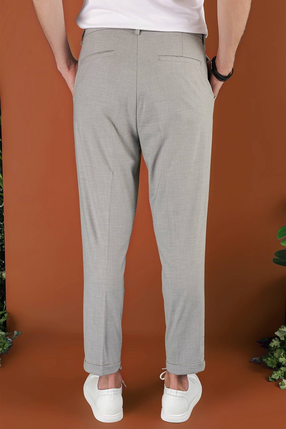 Slim Fit Yan Cepli Pileli Esnek Pamuk Gri Pantolon P 1119