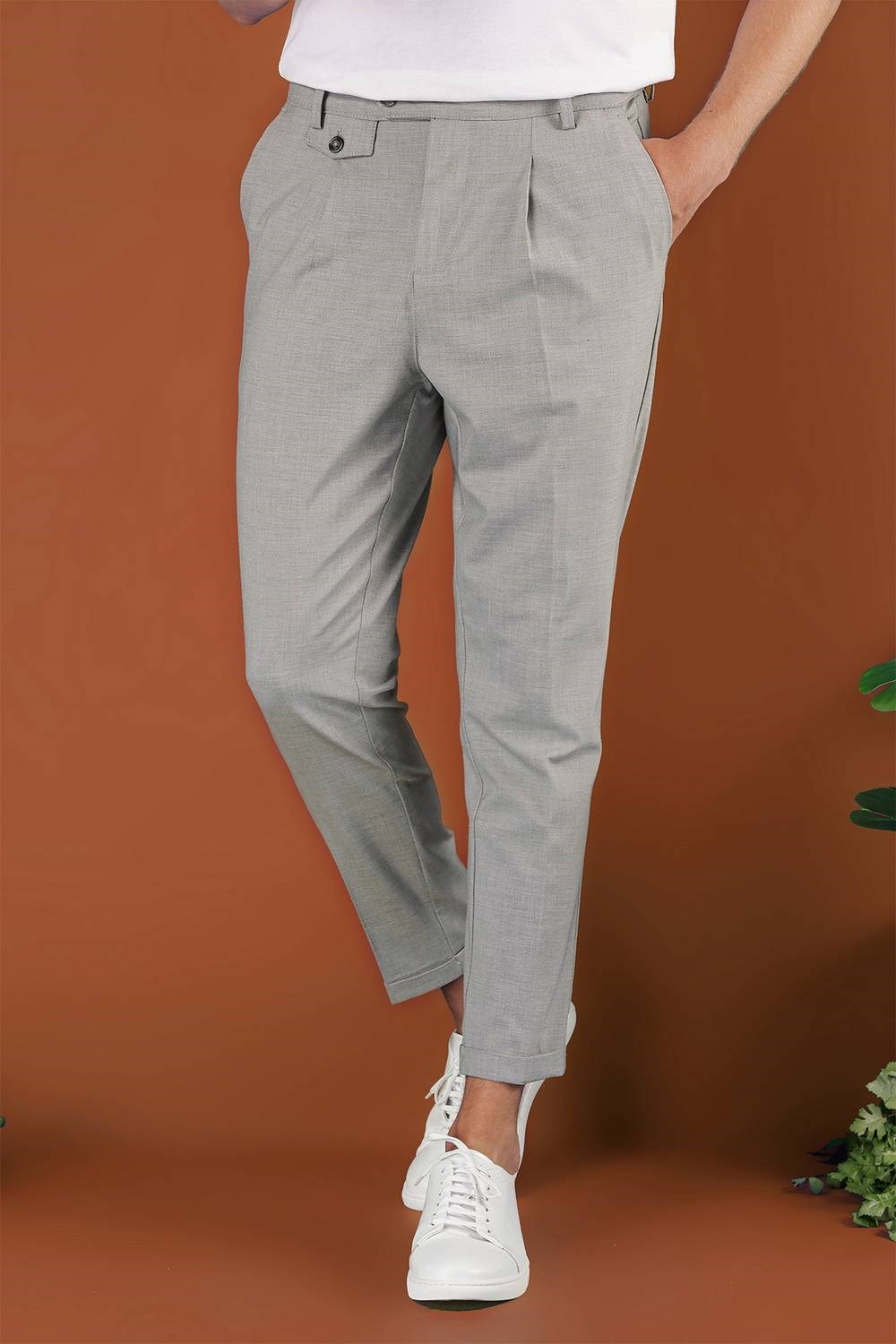 Slim Fit Yan Cepli Pileli Esnek Pamuk Gri Pantolon P 1119