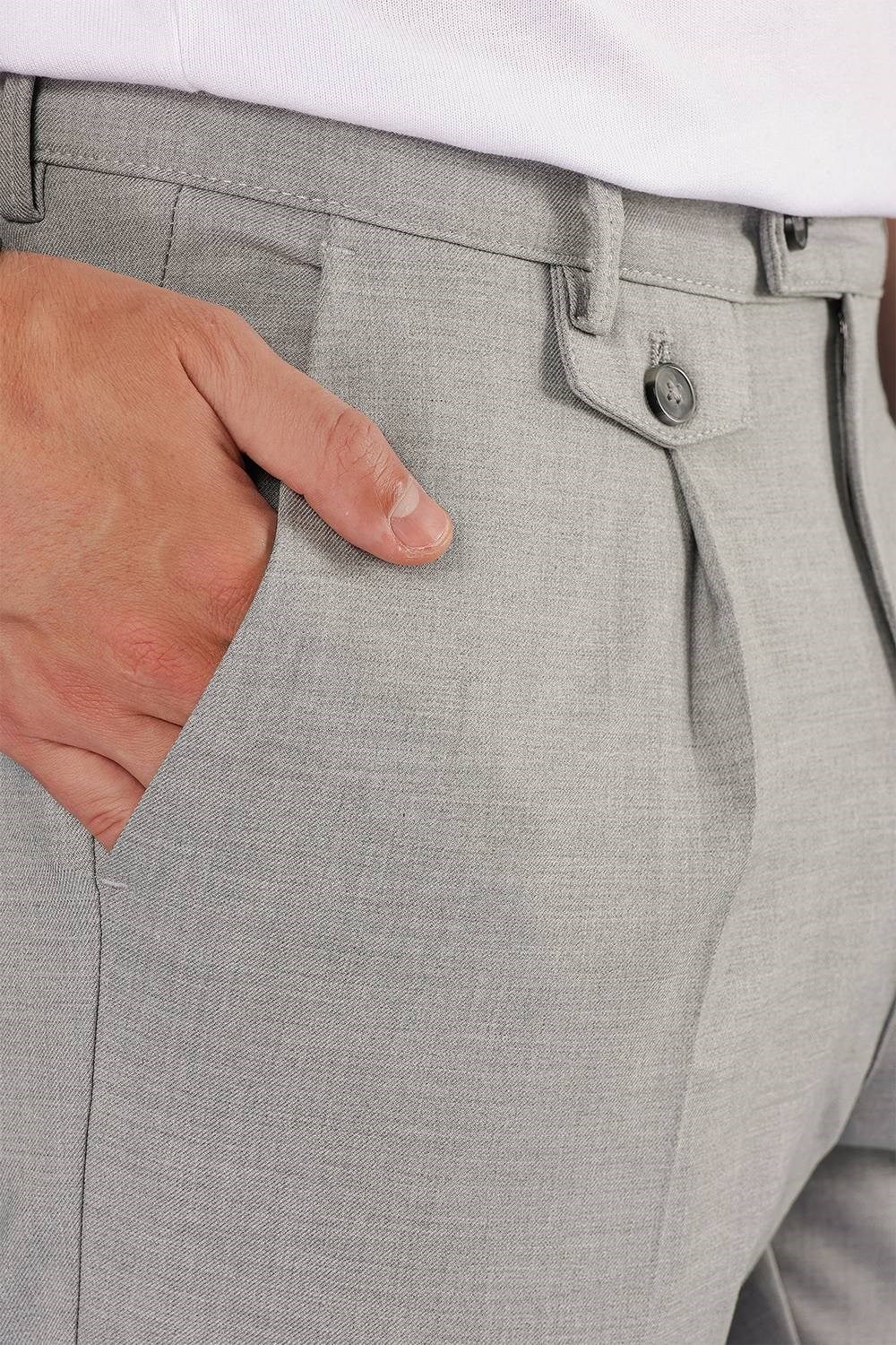 Slim Fit Yan Cepli Pileli Esnek Pamuk Gri Pantolon P 1119