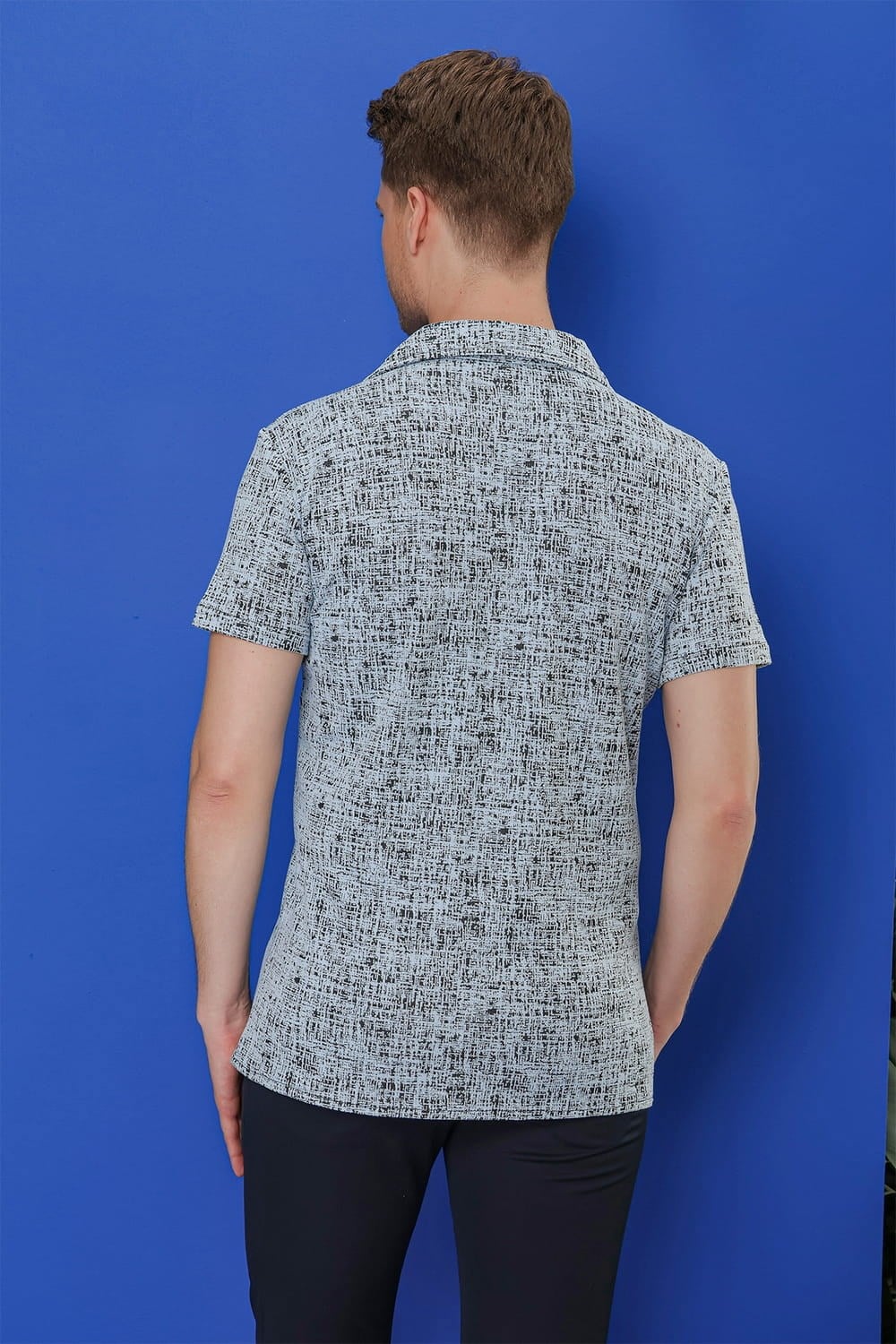 Slim Fit Yandan Cepli Apaş Yaka Kısa Kollulu Mavi Gömlek G 1535