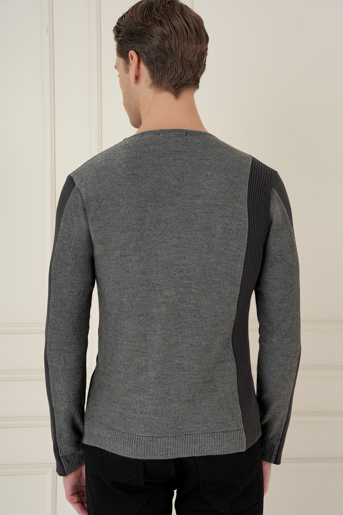 Slim Fit Yandan Ribana Modelli Antrasit Bisiklet Yaka Triko Kazak TR 871