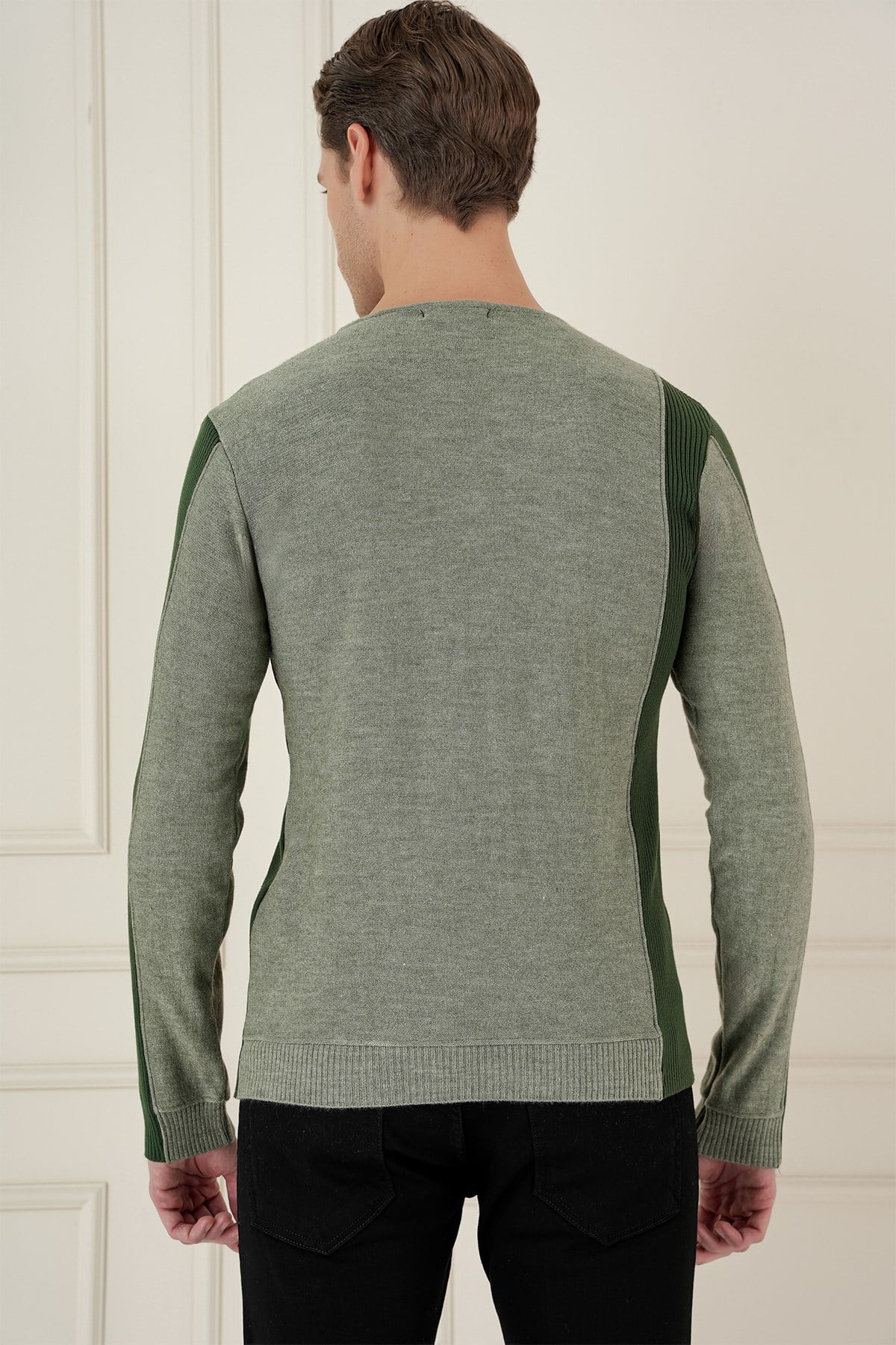 Slim Fit Yandan Ribana Modelli Haki Bisiklet Yaka Triko Kazak TR 871