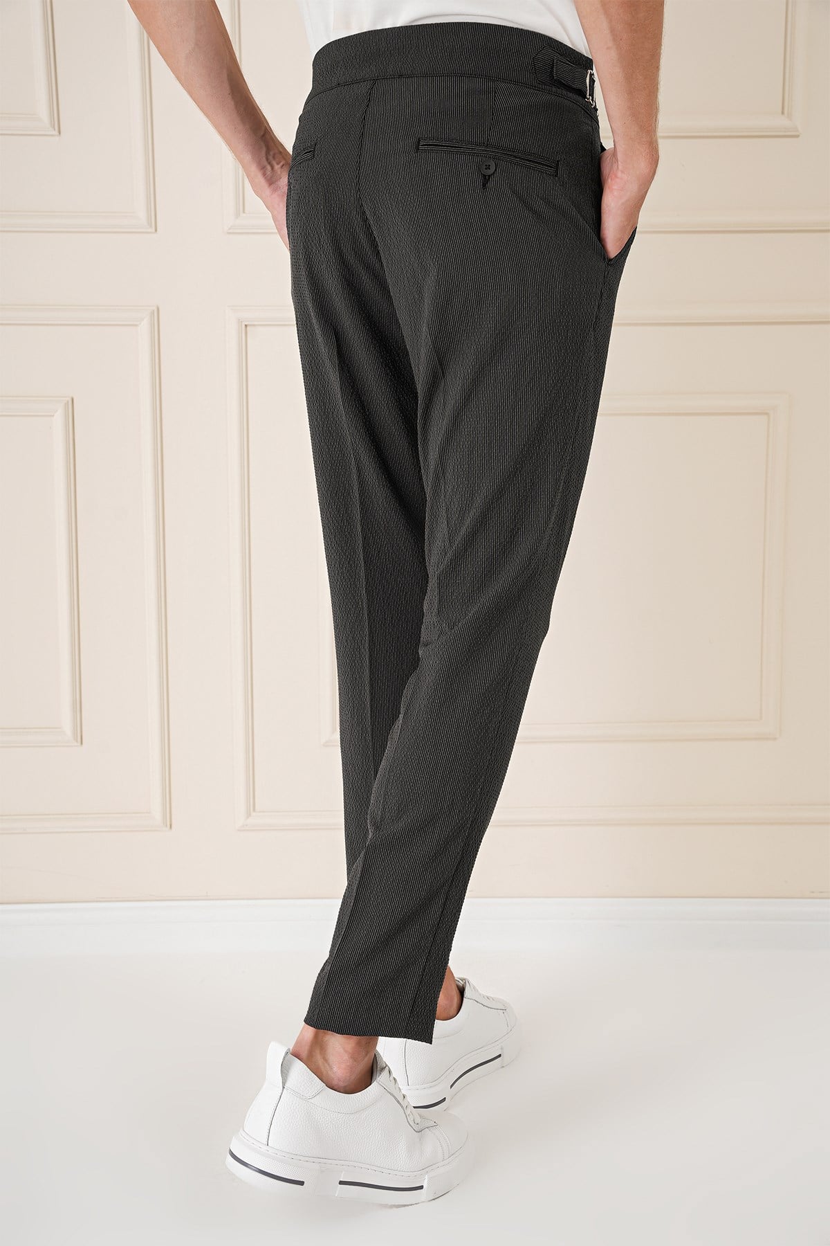 Slim Fit Yandan Tokalı Çift Pileli Esnek Pamuk Siyah Pantolon P 1160