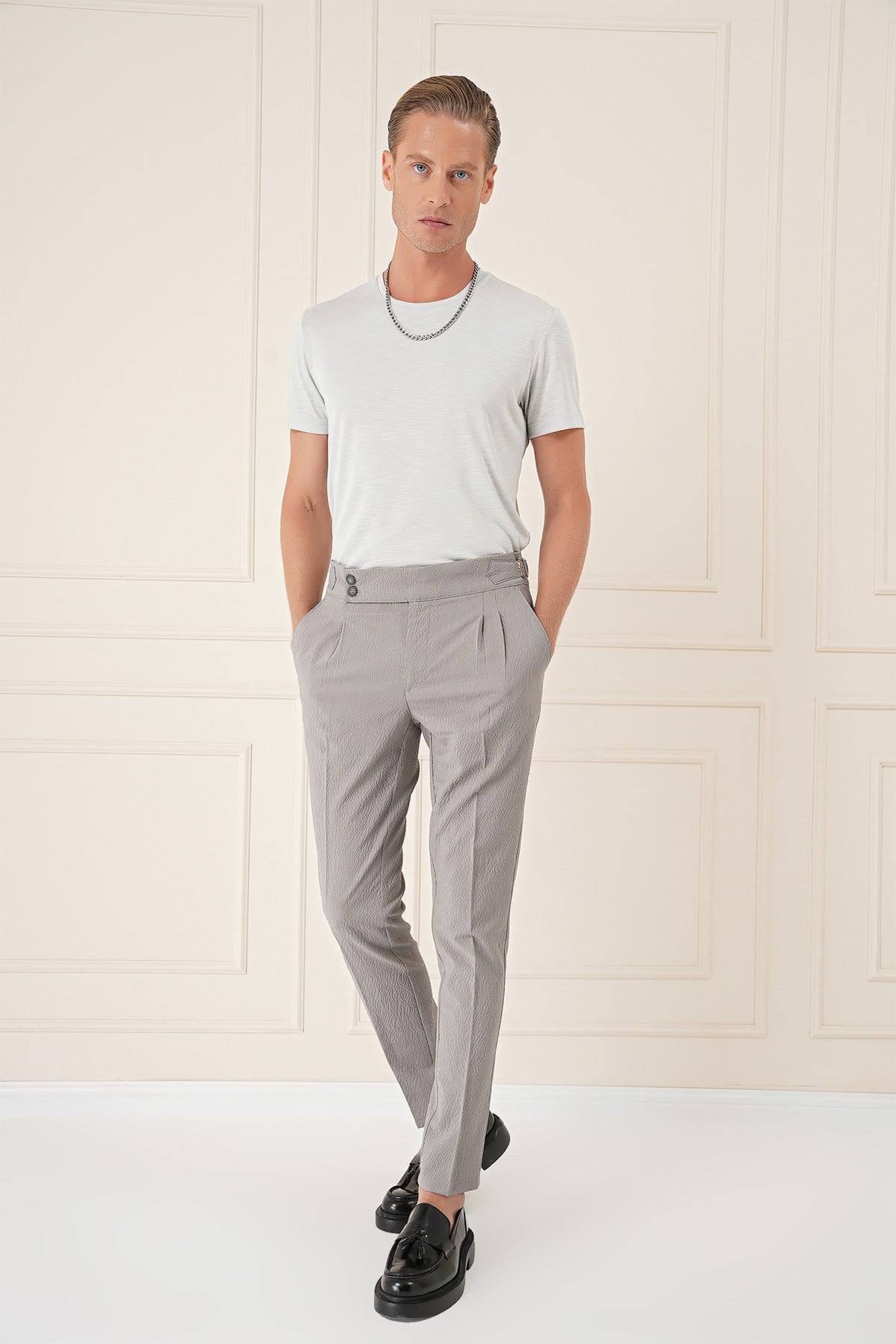 Slim Fit Yandan Tokalı Çift Pileli Esnek Pamuk Gri Pantolon P 1160