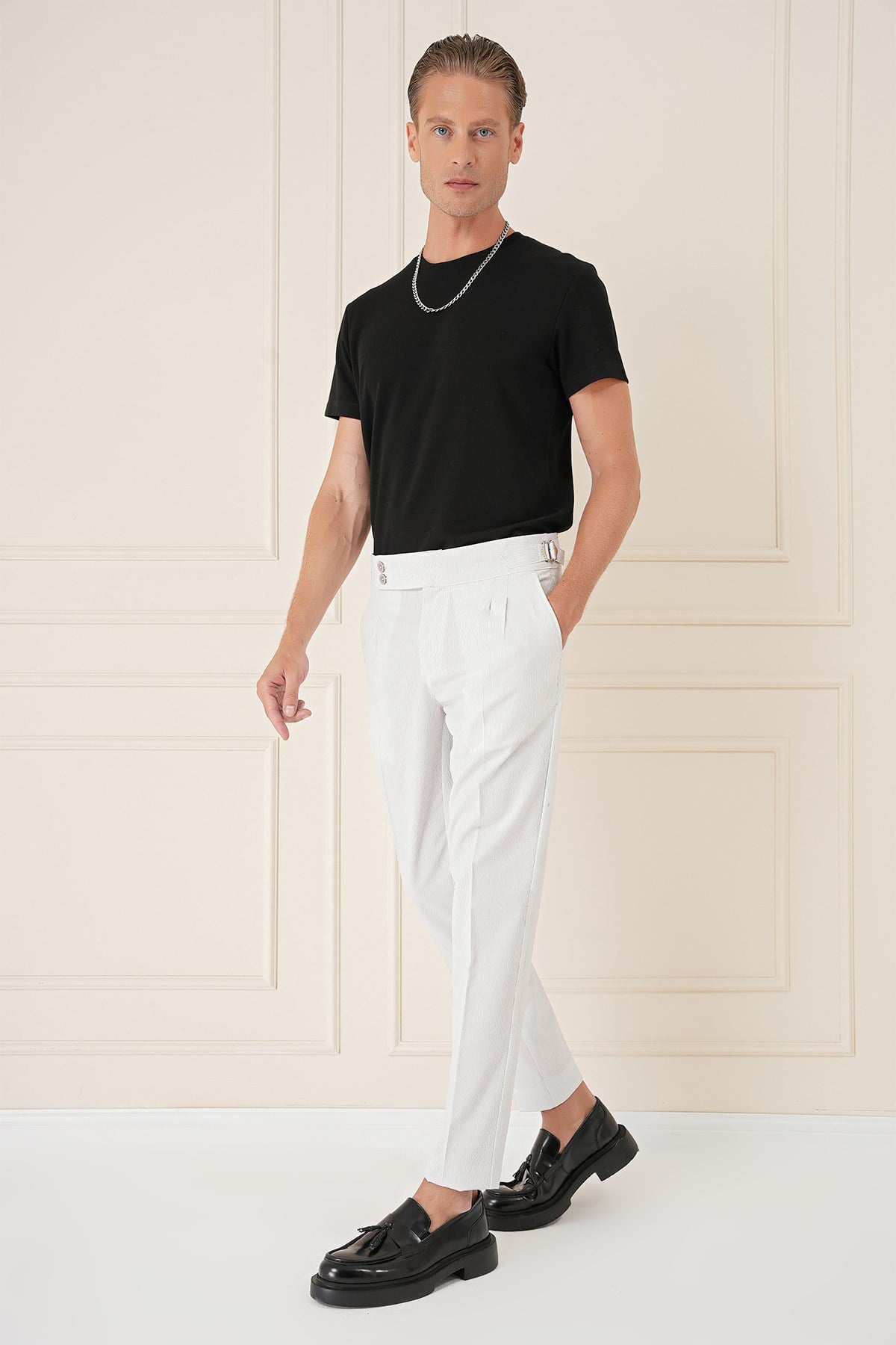 Slim Fit Yandan Tokalı Çift Pileli Esnek Pamuk Taş Pantolon P 1160