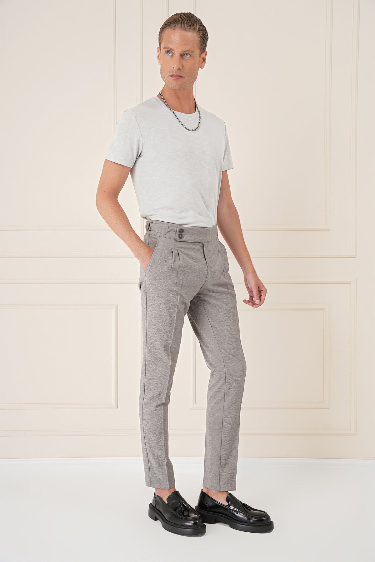 Slim Fit Yandan Tokalı Çift Pileli Esnek Pamuk Gri Pantolon P 1160