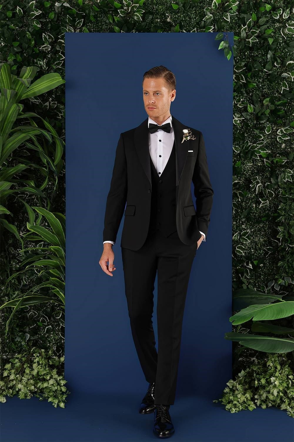 Slim Fit Yelekli Çıkarılabilir Saten Yaka Siyah Damatlık Smokin Takım Black 070