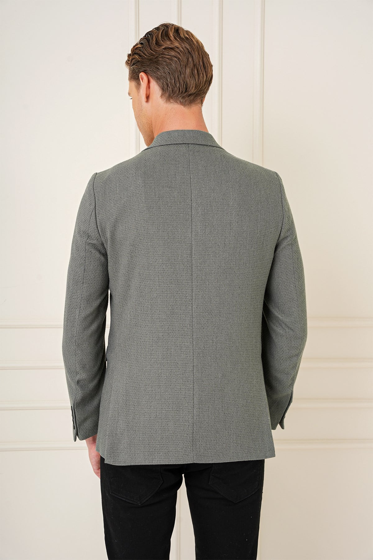 Slim Fit Yünlü Örgü Dokuma Çift Yırtmaç Haki Ceket C 685
