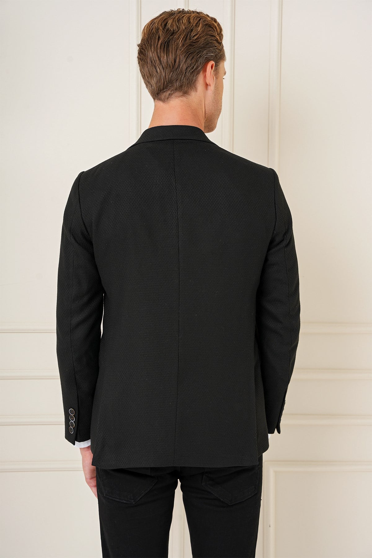 Slim Fit Yünlü Örgü Dokuma Çift Yırtmaç Siyah Ceket C 685