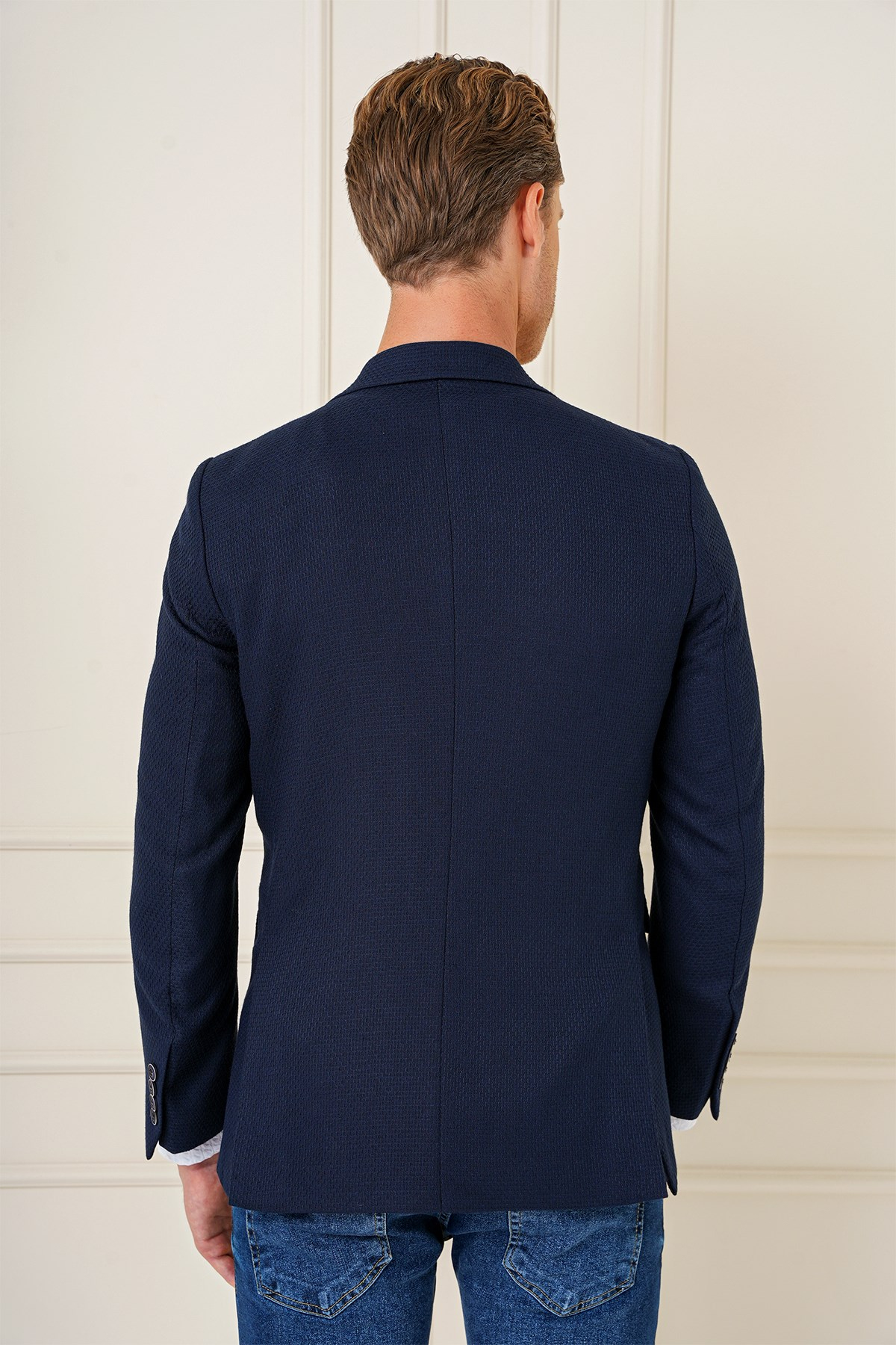 Slim Fit Yünlü Örgü Dokuma Çift Yırtmaç Lacivert Ceket C 685