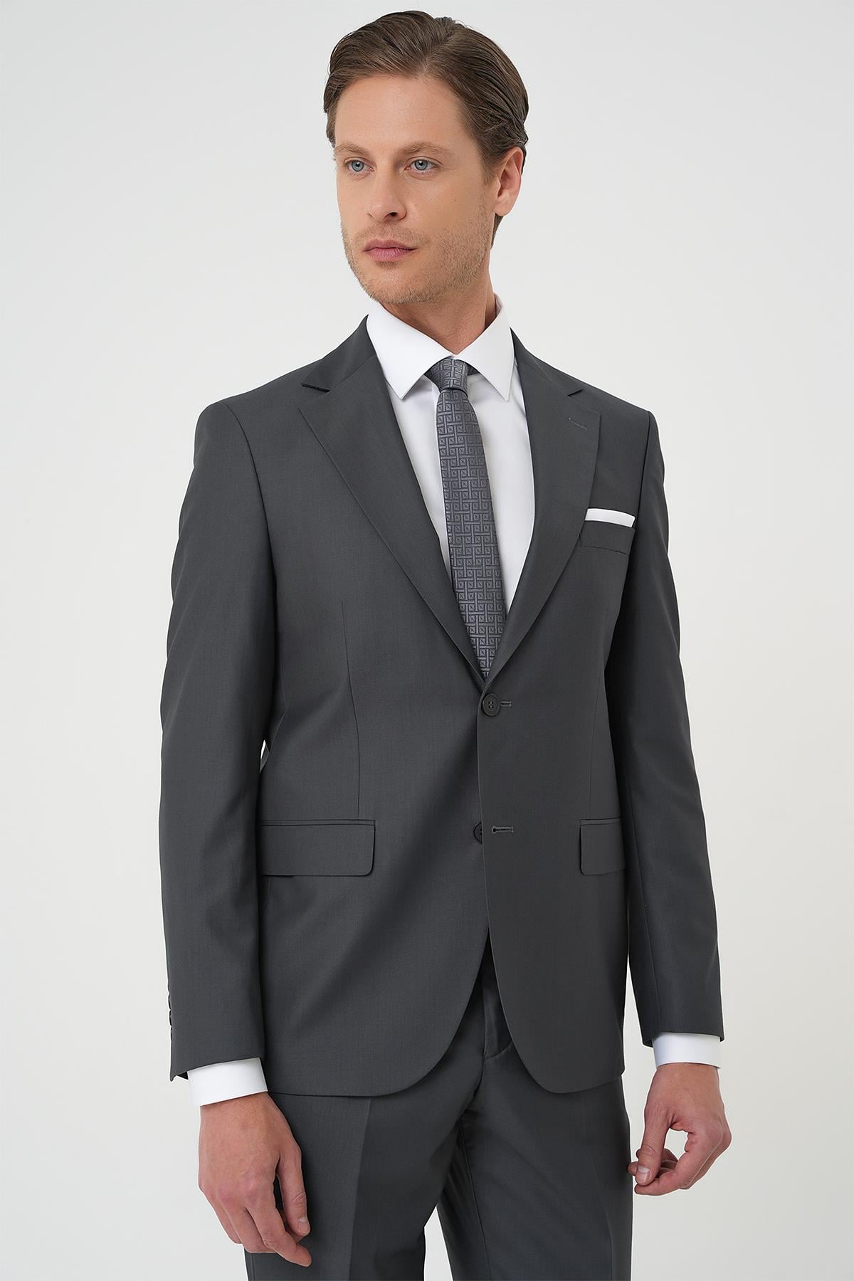 Tk 892 Slim Fit Düz Klasik Füme Takım Elbise 